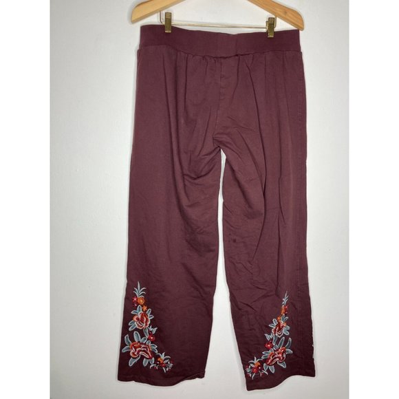 Karyn Seo Lounge Pants Womens Large Maroon Floral Embroidered FLAWED - Picture 6 of 11